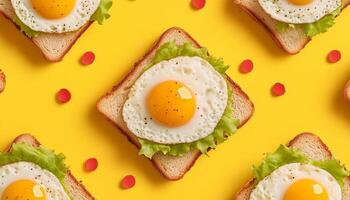 Loaf bread lettuce egg yolk breakfast menu pattern seamless on yellow background photo