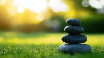 Tranquil Zen Garden with Stacked Stones and Soft Sunlight in a Serene Natural Setting photo