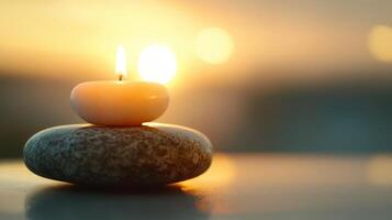 Tranquil Candle on Stone at Sunset - Serene Meditation and Relaxation Concept with Warm Golden Light photo