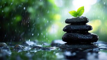 Tranquil Zen Garden with Stacked Stones and Green Leaf in Rainy Atmosphere photo