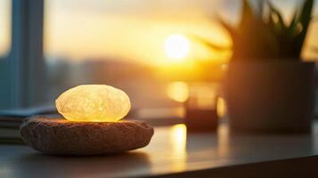 Tranquil Sunset with Himalayan Salt Lamp on Wooden Table by Window photo