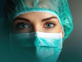 Close-Up Portrait of a Healthcare Professional Wearing Surgical Mask and Cap with Intense Eyes photo