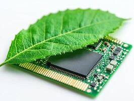 Green Technology Concept Close-Up of a Green Leaf Covering a Microchip on a Circuit Board photo