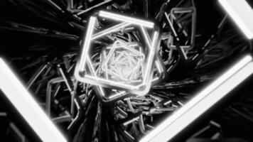 Glowing neon square tunnel rotating in dark space. Design video