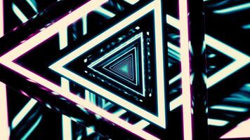 Glowing neon triangles form an infinite tunnel with changing colors. Design video
