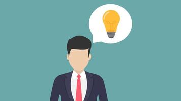 Animation man in suit with lightbulb in thought bubble suitable for presentations, brainstorming concepts, creative thinking visuals, business ideas. video