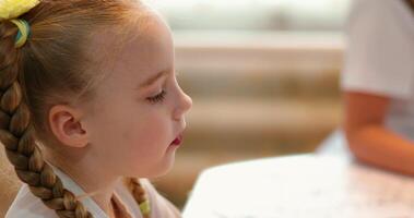 young girl with braided hair, focused intently on her studies or a classroom interaction. Her serene expression and the soft lighting contribute to a calm and educational environment video