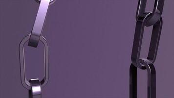 3D chain of metal links is shown on a purple background. 3D Render of Metallic Chain Links on Purple Background. video
