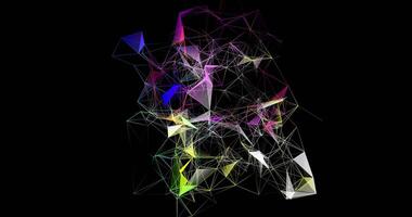 A movable interweaving of dots, lines and triangular faces on a black background. Plexuses. Digital network. Abstract animation. 6 video