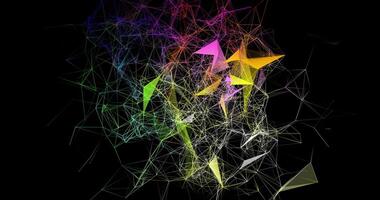 A movable interweaving of dots, lines and triangular faces on a black background. Plexuses. Digital network. Abstract animation. 8 video