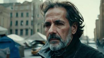 A man with a beard and a beard is standing in the middle of a city video