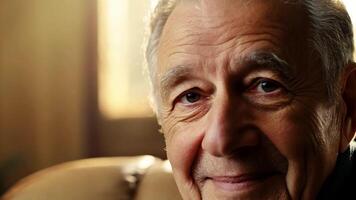 An older man is smiling while sitting on a couch video