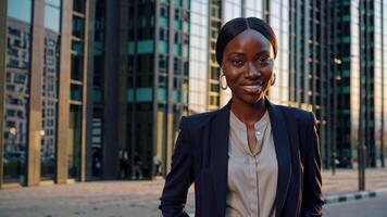 A smiling african american woman standing in front of a building video