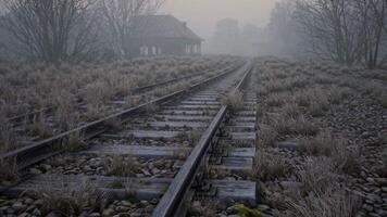 Dense fog shrouding weathered railway tracks fading toward abandoned structure, embodying melancholic solitude within desolate, forgotten rural landscape video