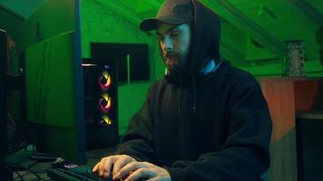 Caucasian man typing keyboard computer desktop pc online cyber crime virtual networks browser programmer coding monitor user connected ecommerce freelancer male guy internet web cyberspace technology video