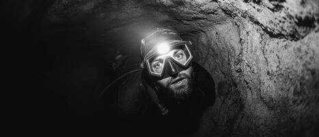 A diver explores an underwater tunnel, illuminated by a headlamp, capturing the essence of adventure and discovery in a dark environment. photo
