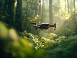 A sleek drone hovers above lush ferns in a vibrant forest, capturing the beauty of nature with beams of sunlight filtering through the trees. photo