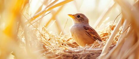 A small bird sits quietly in its nest, surrounded by soft grasses, illuminated by gentle sunlight. photo