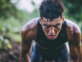 Athletic individual focused on training, displaying determination and intensity in a natural outdoor setting. photo