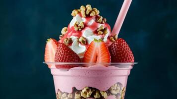 Close-up studio shot of a strawberry and walnut parfait in a clear plastic photo