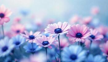 A field of flowers with a shallow depth of field, the flowers are pink and blue with dark blue centers, the background is a soft blue sky photo