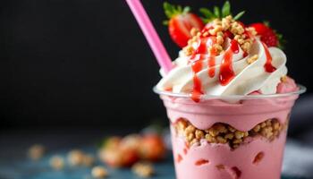 Close-up studio shot of a strawberry and walnut parfait in a clear plastic cup against a dark background photo