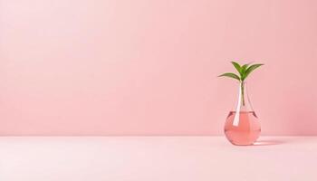A studio shot features a clear, teardrop-shaped vase filled with pink-tinted water, holding a small plant with vibrant green photo