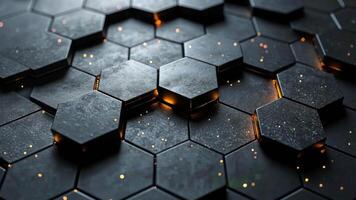 This visual presentation reveals an array of mesmerizing hexagonal shapes with glowing accents set against a dark backdrop, highlighting an innovative design concept. video