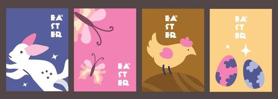 Happy easter clip art poster background set. Sunday wishes collection with colorful abstract bunny, eggs, butterfly, hen and typography decoration elements. Simple illustration greeting card design. vector