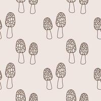 Seamless repeating background with Morel Mushrooms. Pattern with spring edible mushroom Morchella. Food illustration. Design rapport for label, textile, wrapping, card, paper, template, banner vector