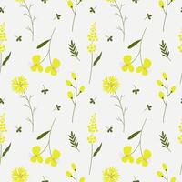 Yellow spring flowers and leafs seamless pattern. Repeating background with mimosa, primrose, daisy. Hand drawn flower rapport with blooming plants. herbal botanical backdrop for textile, paper vector