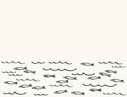 Background with small fishes for text. Banner border with sketches Sardines in water. Template with pichard seafood, marine motif. backdrop illustration for print, packaging, logo, card, flyer vector