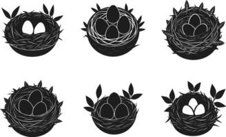 Set of Bird Nest Silhouette Illustrations with Eggs - Nature and Spring Theme vector