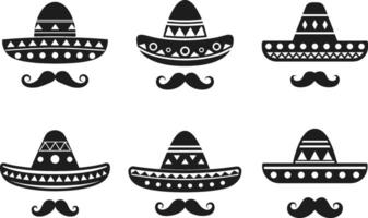 Set of Mexican Sombrero and Mustache Silhouettes - Traditional Fiesta Icons vector