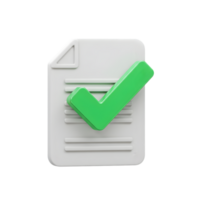 3D Render of Approved Document Icon. Green Checkmark on White Paper, Success and Completion Symbol png