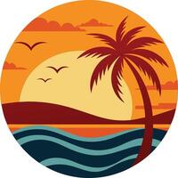 A palm tree and a seagull on a beach at sunset vector