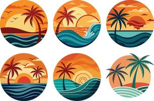 Tropical beach and palm trees set of illustrations vector
