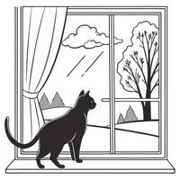 Black Cat Looks Out Window vector