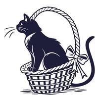 Black Cat Sitting In Basket vector