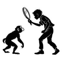 Boy With Magnifier And Monkey Silhouette vector