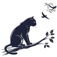 Cat On Branch With Bird Silhouette vector