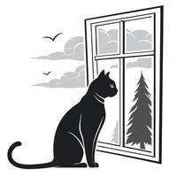 Cat Gazing Out Window Monochrome Design vector