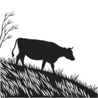 Cow Silhouette Grazing On Grassy Hill vector