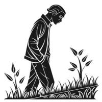 Contemplative Figure Walking Through Field vector