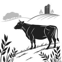 Cow On Farm With Silo vector