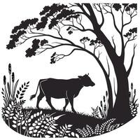 Cow Silhouette Under Tree Black White vector