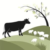 Cow And Sheep Grazing On Hill vector