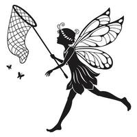 Fairy Silhouette Catching Butterflies With Net vector