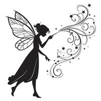 Fairy Silhouette With Magic Wand And Stars vector