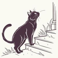 Illustration Of Cat On Stairs Looking Up vector